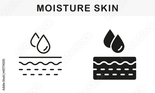 Skin Layer Absorb Water Drop, Anti Dry Skincare Symbol Collection. Skin Moisture Concept Line and Silhouette Black Icon Set. Moisturizing Face and Body Skin Pictogram. Isolated Vector Illustration