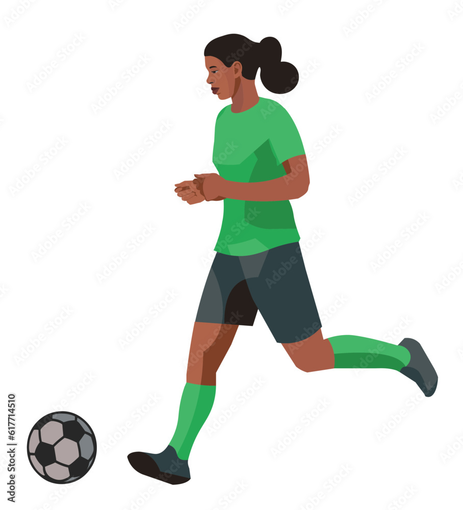 African women's football girl player in green sports equipment in profile runs after the ball
