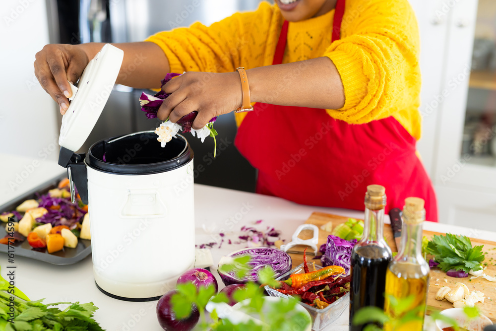 Mid section of plus size african american woman in apron composting vegetable waste in kitchen
