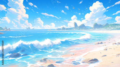 landscape countryside cartoon scene background. beautiful beach with sea wave and blue sky on sunny day. generative AI