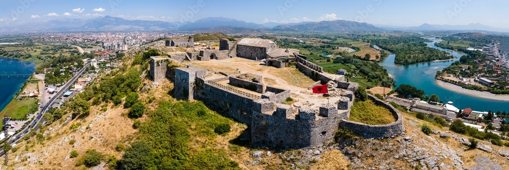 Aerial view of the ruins of the Rozafa Castle located in the city of Shkoder in Albania