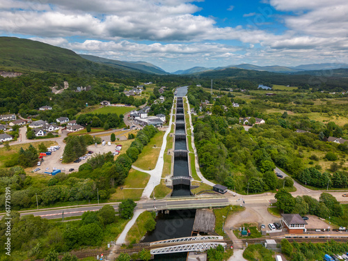 Aerial drone photo of the Neptune's stairs which is a boat lock in Fort William, Scotland.  photo