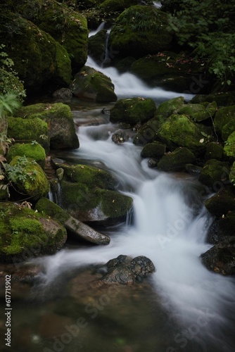 water runs down a river with mossy rocks on the side