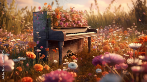 Old piano in flowers and set in a grassy field