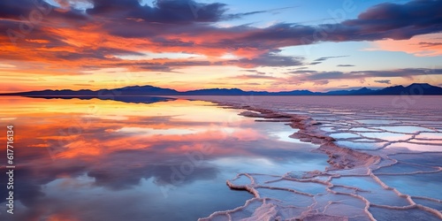 AI Generated. AI Generative. Bolivia salt lake. Pink clouds reflect on water lake surface. Adventure travel vacation outdoor nature vibe. Graphic Art
