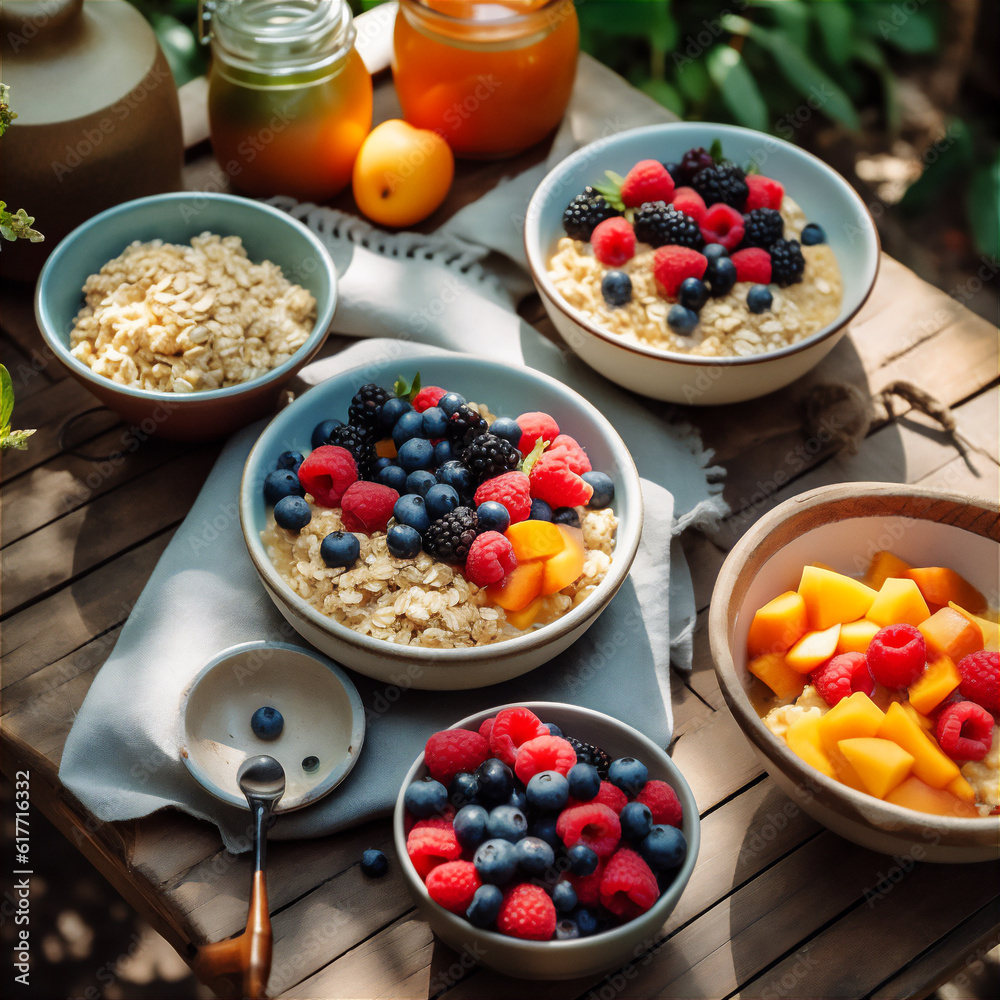 AI generative image of breakfast served on the table with oatmeal with fresh berries and fruit.