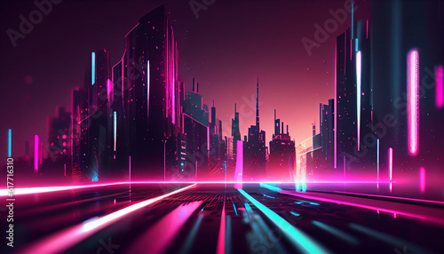 Abstract futuristic background with pink blue glowing neon city high speed city lines and bokeh lights. Data transfer concept Fantastic wallpaper Ai generated image