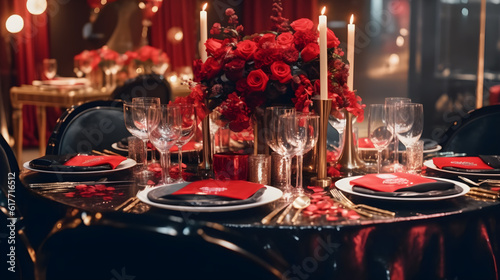 Shot of an elegantly red decorated table at a wedding reception created with Generative AI 