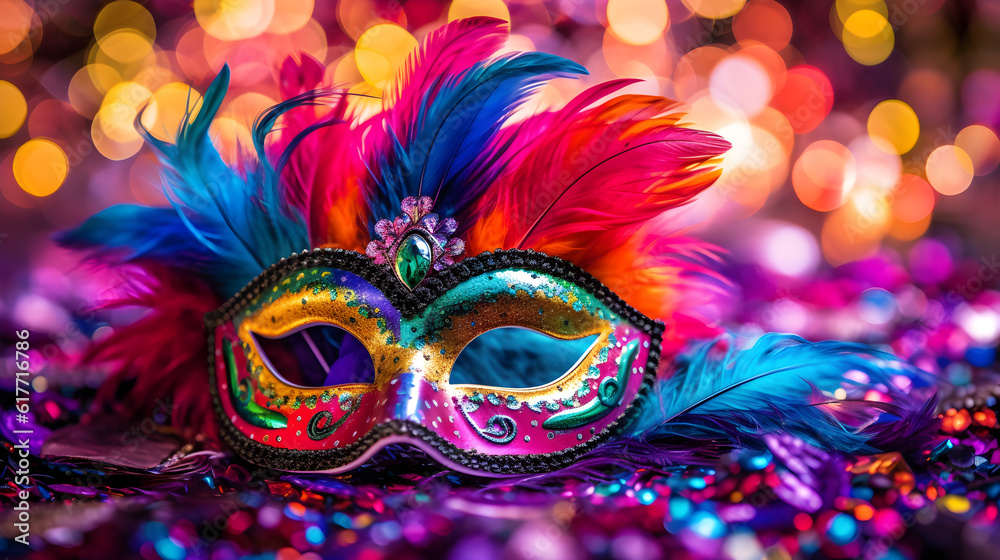 Carnival Party - Venetian Mask With Abstract Defocused Bokeh Lights On Shiny Streamers created with Generative AI 