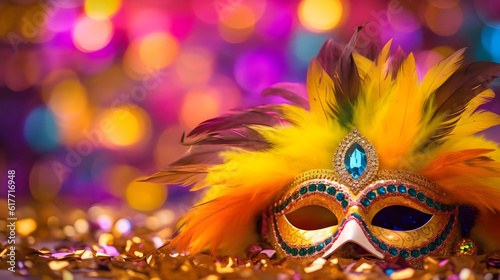 Carnival Party - Venetian Mask With Abstract Defocused Bokeh Lights On Shiny Streamers created with Generative AI  © kimly