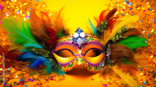 Carnival Party - Venetian Mask With Abstract Defocused Bokeh Lights On yellow background created with Generative AI  © kimly