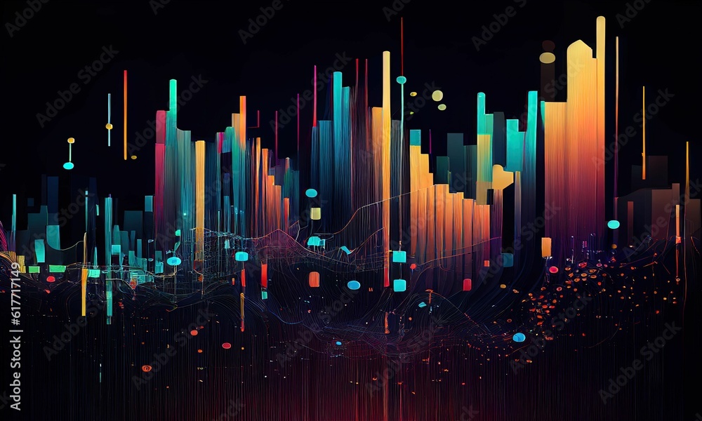 Abstract background with colorful data shapes and visualizations on dark background - AI Generated