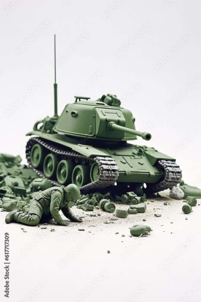 toy soldier wounded next to a tank war is not a game