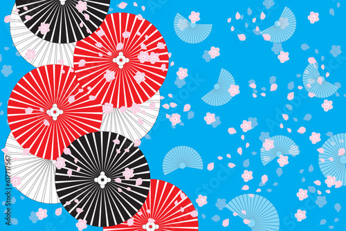Illustration, Abstract umbrella with sakura flower and petal fall on blue background.