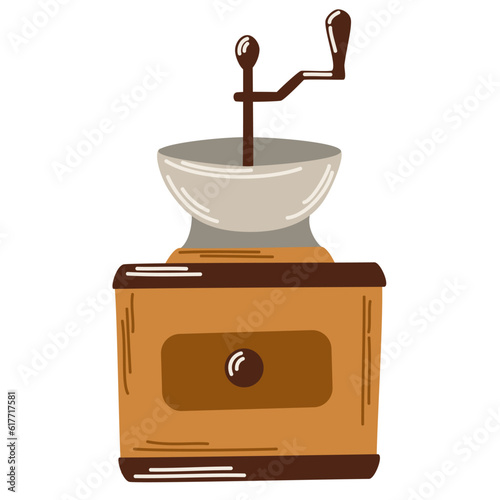 Coffee mill grinder. Equipment for making aromatic beverage. Hand drawn vector illustration in doodle style