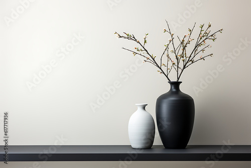 a simple house a wooden shelf with a vase of blossoming branches against a white background AI Generative