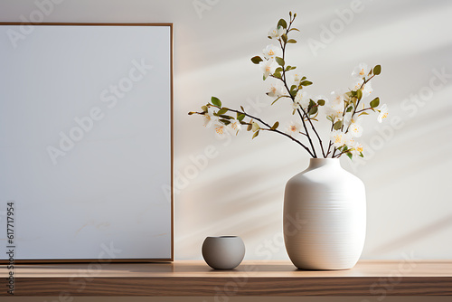 a simple house a wooden shelf with a vase of blossoming branches against a white background AI Generative