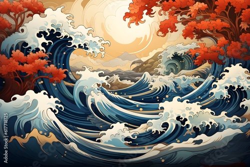 葛飾北斎風の背景素材　with generative ai
