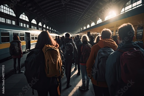 People waiting in a crowded strain station. AI generative