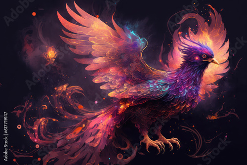 Fantasy background with enchanted Phoenix bird. fantastic magical illustration, generative AI