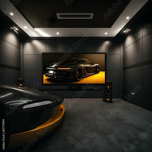 contemporary home theater porsche design theme black leather carbon fiber gloss titanium details amber lighting masculine leather wall details technology and design focus large screen 