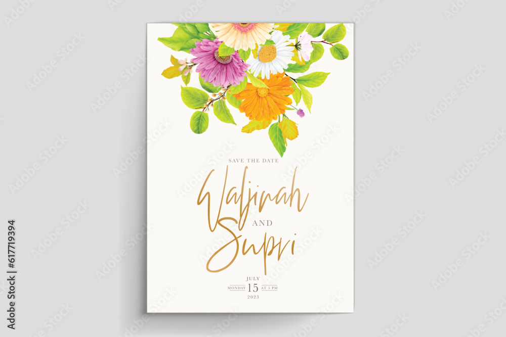 daisy floral watercolor background and wreath card design