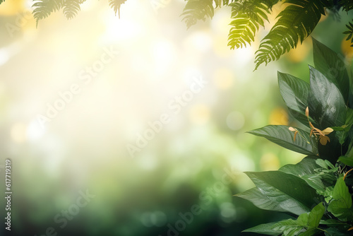 Empty space surrounded by beautiful leaves with an empty backdrop and beautiful lighting and bokeh. Green leaves frame. Illustration, Generative AI.