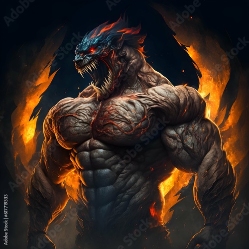 dangerous bodybuilding dragon with huge muscles melting with fire and wind 