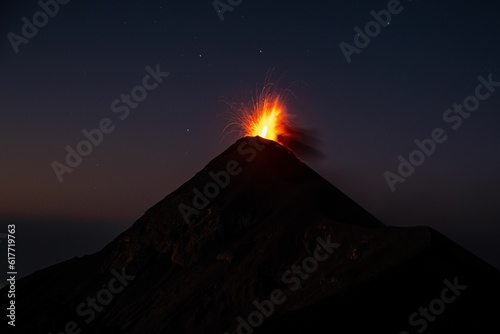 Dramatic shot of a volcanic eruption, with a cloud of ash and lava rising from the summit at night