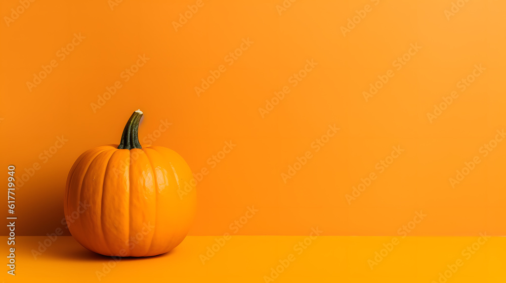 An minimalist orange pumpking with background on wooden floor with copy space, Halloween poster, template, card