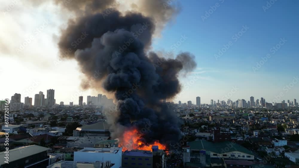 Aerial video of scary mass fire of the building burnt to the ground