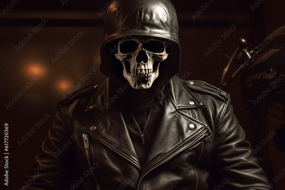 portrait of a skeleton with skull in black biker leather jacket with vintage biker helmet on black background in dim light