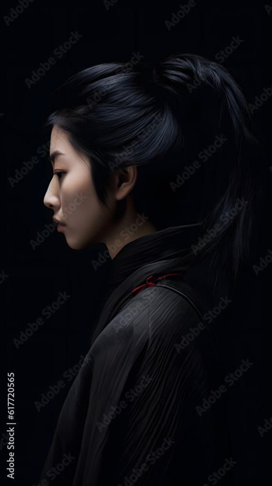 japanese minimalism, Close up half profile shot in the darkness with very little light of woman with glossy hair in black thick turtleneck sweater long hair on black background japanese minimalism, Close up half profile shot in the darkness with very little light of woman with glossy hair in black thick turtleneck sweater long hair on black background