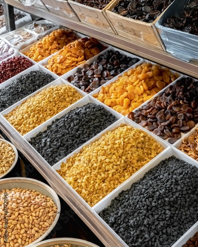 Vertical shot of a marketplace with a variety of dried fruits