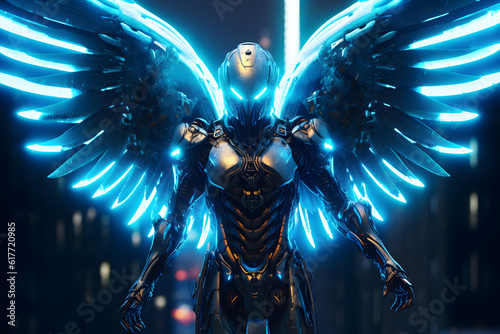 Cyborg robotic angel in menacing pose metallic neon blue wing standing and looking with two glow blue eyes in lab room
