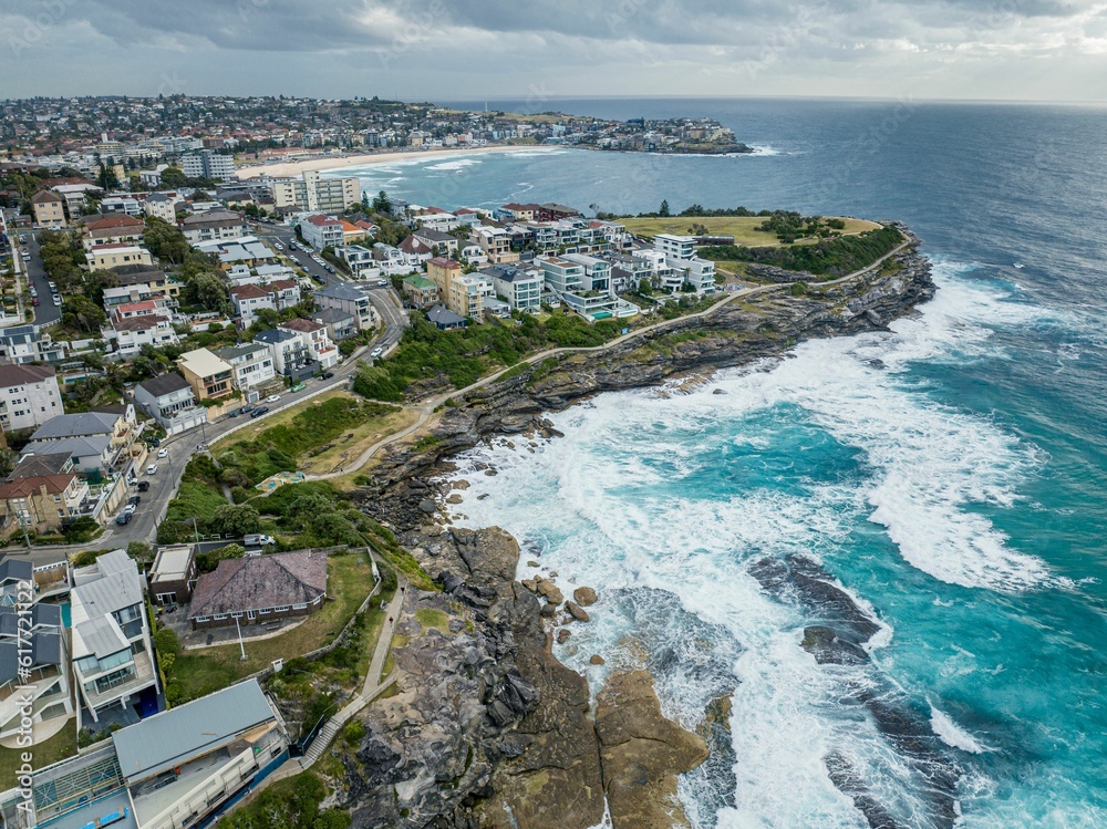 Aerial view of the Bondi Beach walkway to Bronte Beach in Sydney, Australia