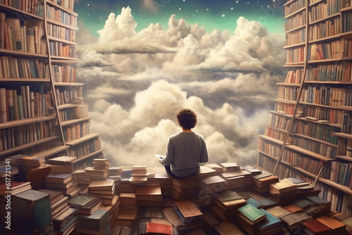 young guy among books and clouds, the world of dreams, reading literature photo