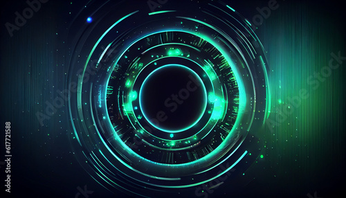 Abstract futuristic background with green blue glowing neon moving high speed round round lines and bokeh lights. Data transfer concept Fantastic wallpaper Ai generated image
