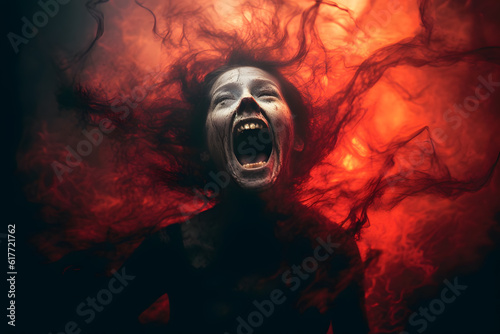 Close up of woman zombie screaming in red flaming scene, horror art