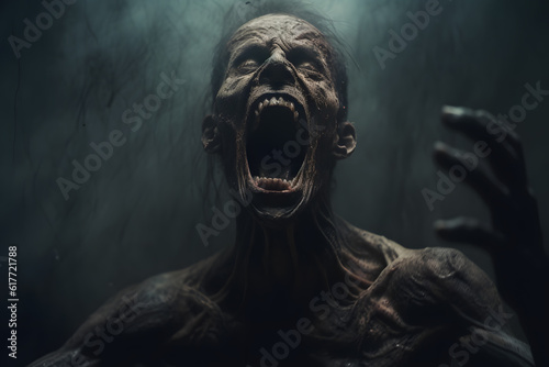 Close up of man zombie screaming in dark foggy scene, horror art 