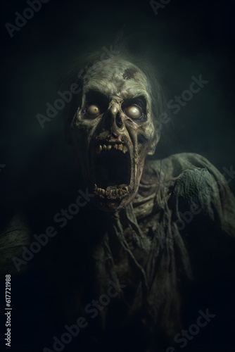 Close up of zombie screaming in dark foggy scene, horror art 