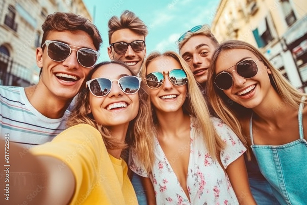 happy friends outside making a selfie ai generated