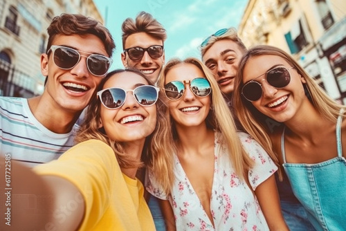 happy friends outside making a selfie ai generated