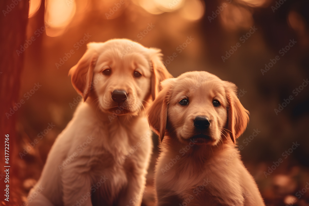 Two joyful optimistic and innocent Golden retriever puppies dog breed playing in park at golden hour