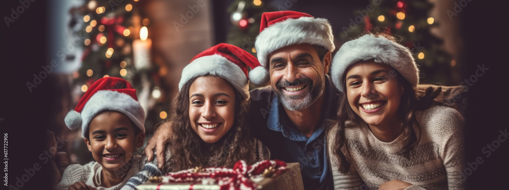 A heartwarming image capturing the joy and togetherness of a family celebrating Christmas, showcasing smiles, laughter, and love, perfect for evoking warm emotions. Web banner backdrop. Generative AI A heartwarming image capturing the joy and togetherness of a family celebrating Christmas, showcasing smiles, laughter, and love, perfect for evoking warm emotions. Web banner backdrop. Generative AI