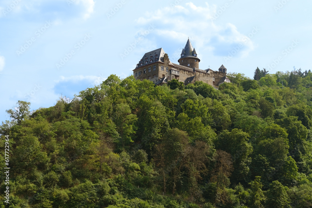 medieval castle on hilltop in Middle Rhine valley above town of Bacharach in Mainz-Bingen district in Rhineland-Palatinate, medieval fortification, ancient heritage, landmark