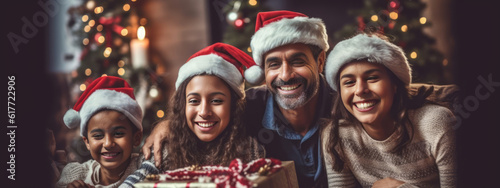 A heartwarming image capturing the joy and togetherness of a family celebrating Christmas, showcasing smiles, laughter, and love, perfect for evoking warm emotions. Web banner backdrop. Generative AI