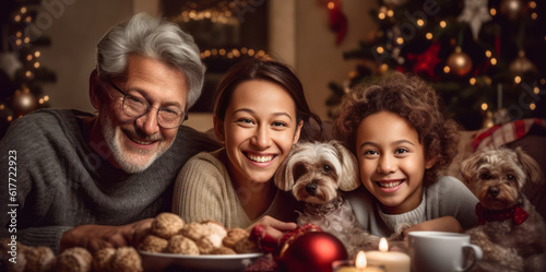 A heartwarming image capturing the joy and togetherness of a family celebrating Christmas  showcasing smiles  laughter  and love  perfect for evoking warm emotions. Web banner backdrop. Generative AI