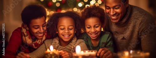 A heartwarming image capturing the joy and togetherness of a family celebrating Christmas, showcasing smiles, laughter, and love, perfect for evoking warm emotions. Web banner backdrop. Generative AI