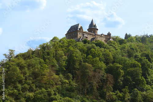 medieval castle on hilltop in Middle Rhine valley above town of Bacharach in Mainz-Bingen district in Rhineland-Palatinate  medieval fortification  ancient heritage  landmark